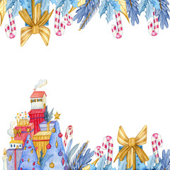 Watercolor christmas frame with gift, lollipop, new year house. Bright Christmas frame.