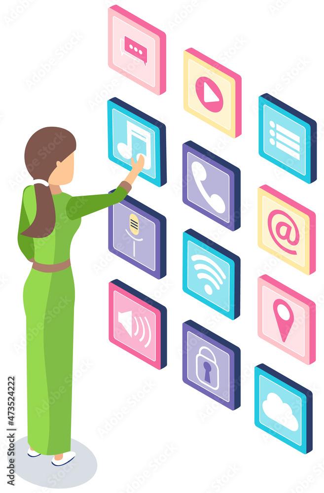 Poster development of applications, mobile program concept. woman works with software development, apps for