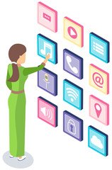 Development of applications, mobile program concept. Woman works with software development, apps for electonic devices. Location of application icons in smartphone interface template, customization