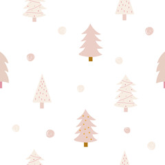 Merry Christmas seamless pattern with simple minimalist Christmas trees and Christmas trees. For greeting cards, fabric, or wrapping paper. New Year. Vector illustration.