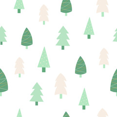 Merry Christmas seamless pattern with simple minimalist Christmas trees and Christmas trees. For greeting cards, fabric, or wrapping paper. New Year. Vector illustration.