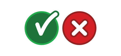 Check mark choice icons. Tick and x, confirm and deny circle icon button. Checkbox button for choose, circle answer box for checklist, approval sign.