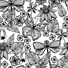 Seamless background with butterflies, dragonflies and flowers. Black and white, coloring.
