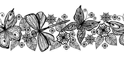 Seamless ribbon, stripe with butterflies, dragonflies and flowers. Black and white, coloring.
