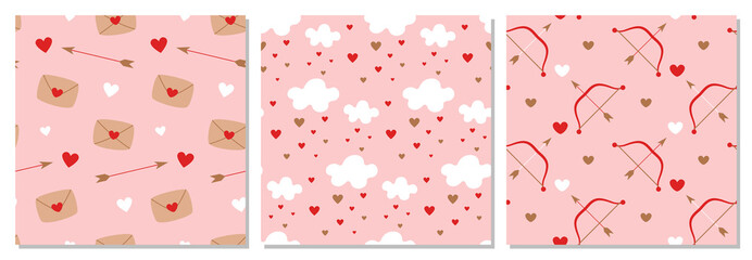 Set of seamless patterns for Valentine's Day. Hearts, arrows of cupid, messages of love.