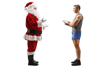 Santa claus talking to a fitness coach