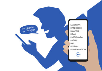 Hate speech on social media. Negative feedback and response. Fake news and hoax text sharing. Vector illustration. Bias and bullying. Racist concept.