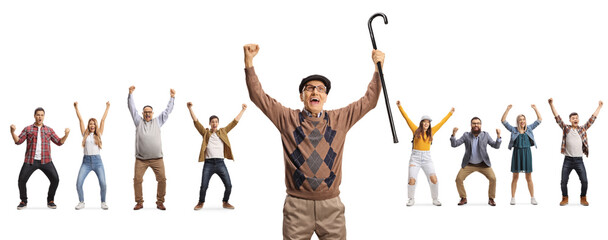 Elderly man with a cane cheering and other people behind raising arms with happiness