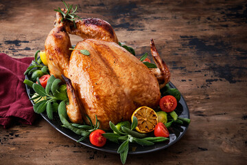 Festive celebration chicken with herbs for Thanksgiving or Christmas on wooden background.