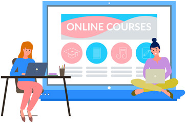 E-learning at home concept. Best method of self education, girls study online training courses with laptops. Various online courses for students. Distance education, online learning via Internet