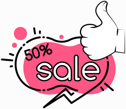 Big sale banner. Sale and discounts. White text and hand on black background. New arrival, big sale and special offer. Black friday up to. Big discount with human hand showing symbol ok thumb up
