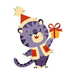 Vector cartoon character - a black tiger in New Year costume with present. The symbol of the new year according to the eastern calendar. Cute New Year character for cards, web, congratulations, etc.