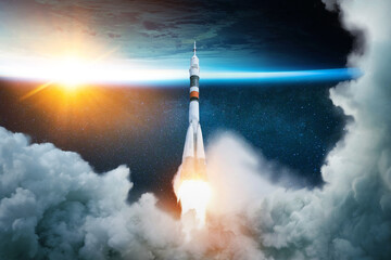 Rocket takes off into space with the planet. Spacecraft performs the space mission. Ship takes off into the starry sky.