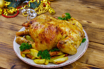 Baked whole chicken with potato and Christmas decorations on a wooden table