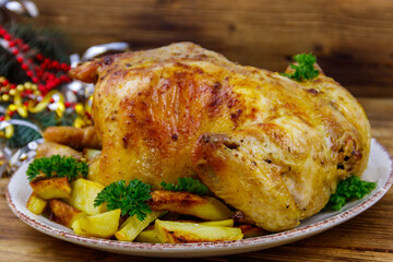 Baked whole chicken with potato and Christmas decorations on a wooden table