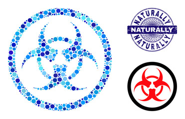 Round dot collage biohazard icon and NATURALLY round textured stamp seal. Blue seal includes NATURALLY tag inside circle and guilloche ornament. Vector mosaic is based on biohazard icon,