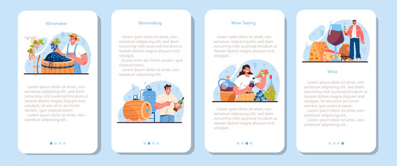 Naklejka premium Wine maker mobile application banner set. Grape wine aging in a wood barrel