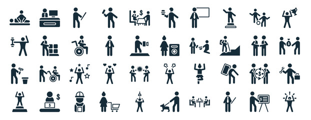 set of 40 filled humans web icons in glyph style such as office worker, fitness exercises, painter with paint bucket, showin, business meeting, first prize, feeding icons isolated on white