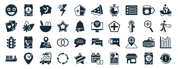 set of 40 filled ultimate glyphicons web icons in glyph style such as smartphone and download arrow, three cards, big traffic light, cargo boat, zoom button, man on motorbike, pizza piece icons