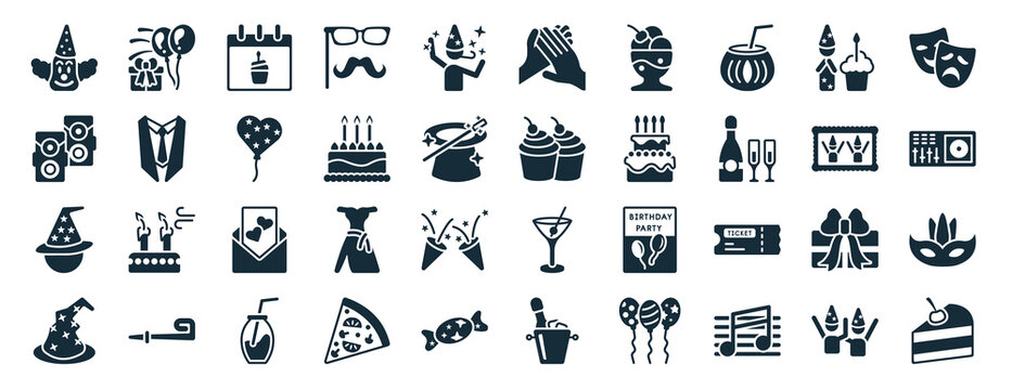 set of 40 filled party web icons in glyph style such as celebration, big speaker, wizard hat on head, wizard hat, birthday pictures, theatre masks, claping hands icons isolated on white background