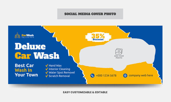 Car wash social media cover photo design template. Car washing service social media web banner