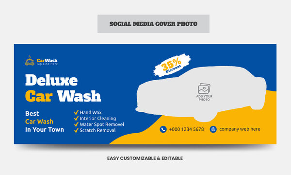 Car wash social media cover photo design template. Car washing service social media web banner