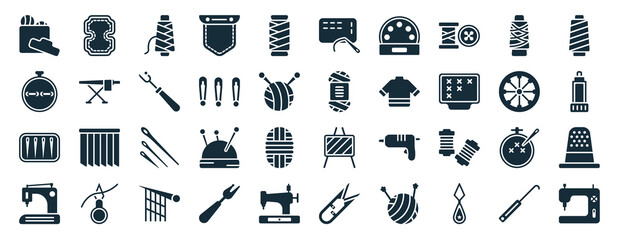 set of 40 filled sew web icons in glyph style such as leather, stitches, pins, sewing equipment, spokes, spool of thread, running stitch icons isolated on white background - obrazy, fototapety, plakaty