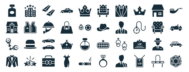 set of 40 filled luxury web icons in glyph style such as resort, cottage, cufflinks, suit, luxury armchair, smoke pipe, throne icons isolated on white background - obrazy, fototapety, plakaty