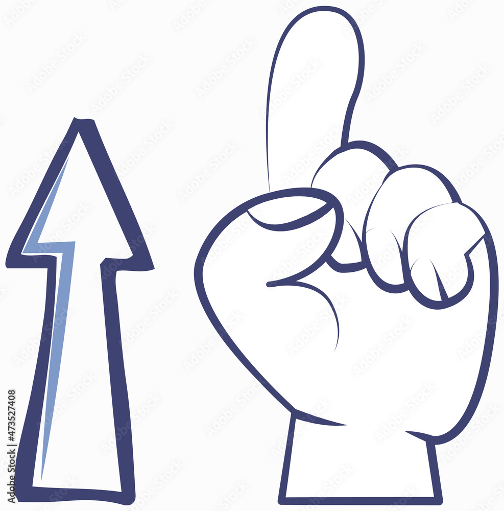 Poster arrow indicates direction vector design icon with attention hand gesture index finger points up. poi