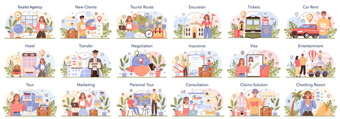 Tour agent concept set. Tourism around the world organization. Travel agent