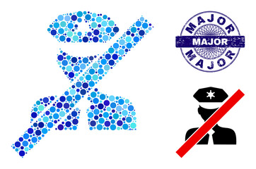 Round dot collage blacklisted policeman icon and MAJOR round rubber watermark. Blue stamp includes MAJOR tag inside circle and guilloche structure.