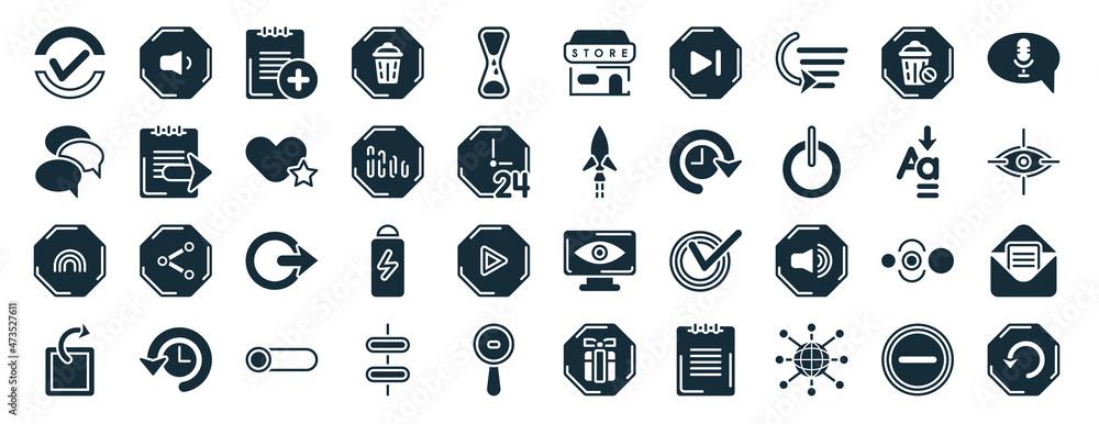 Poster set of 40 filled user interface web icons in glyph style such as low volume, bubble speech, finger p
