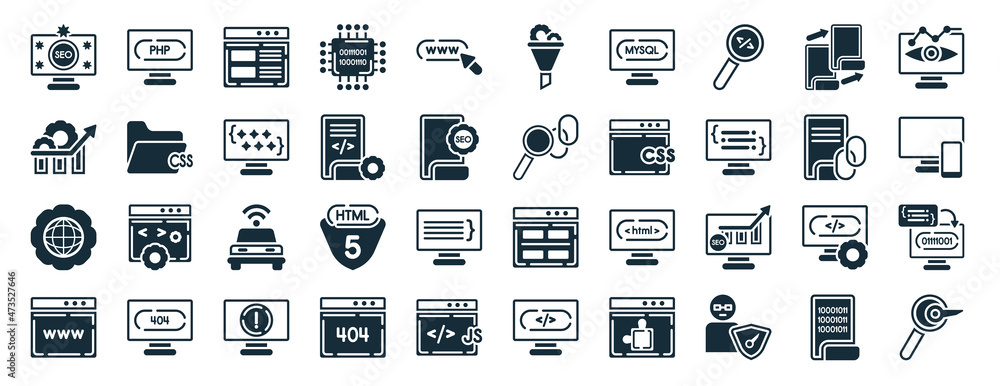 Poster set of 40 filled programming web icons in glyph style such as php, seo growth, cyberspace, web page,