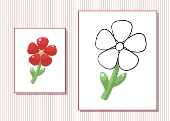 Printable worksheet. Coloring book. Cute cartoon flower. Vector illustration. Horizontal A4 page Color red