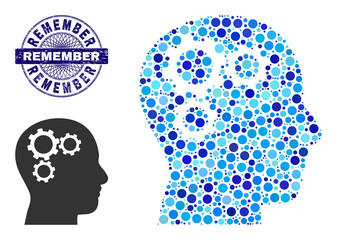 Circle mosaic brain gears icon and REMEMBER round scratched stamp print. Blue stamp seal includes REMEMBER caption inside circle and guilloche structure. Vector mosaic is based on brain gears icon,