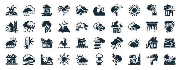 set of 40 filled meteorology web icons in glyph style such as foggy, humidity, weather, flooding house, icicle, broken roof, tsunami wave icons isolated on white background