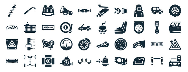 set of 40 filled car parts web icons in glyph style such as car wheel brace, car windscreen, hazard lights, bumper, cylinder, tyre, exhaust icons isolated on white background