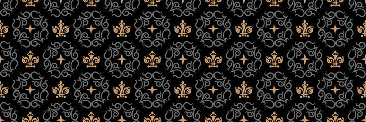 Beautiful background pattern with decorative floral ornaments on a black background. Seamless wallpaper texture. Vector image