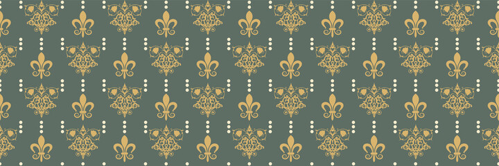 Vintage background with ethnic floral ornaments on a dark green background. Seamless wallpaper texture. Vector graphics