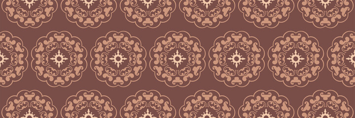 Fototapeta premium Beautiful background pattern with ornate decorative ornamentation on brown background. Seamless wallpaper texture. Vector image