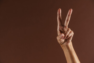 Senior woman showing peace gesture on camera
