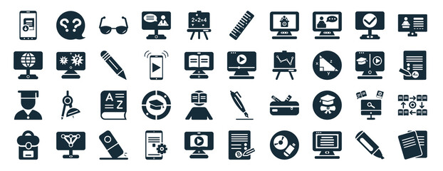 set of 40 filled e learning and education web icons in glyph style such as question, international, student, school bag, online course, computer-based training, ruler icons isolated on white