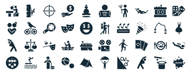 set of 40 filled activity and hobbies web icons in glyph style such as rappelling, couple huging, aerobic, pachinko, jump rope, dominoes, newspaper readign icons isolated on white background