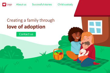 Child adoption service landing page template in flat style. Homosexual international family on a picnic near the house. Two lesbians hug their son