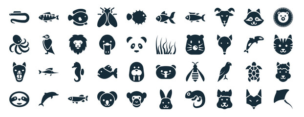 Fototapeta na wymiar set of 40 filled animals web icons in glyph style such as perch, octopus, camel, sloth, grampus, hedgehog, goldfish icons isolated on white background
