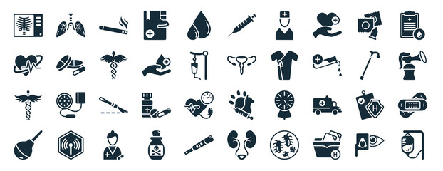set of 40 filled health and medical web icons in glyph style such as lung, cardiology, caduceus, enema, walking stick, blood test, vaccine icons isolated on white background