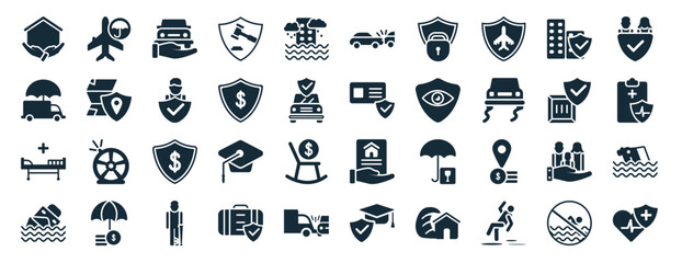 set of 40 filled insurance web icons in glyph style such as crash, moving insurance, hospitalization, sinking, delivery insurance, familiar rear end collision icons isolated on white background