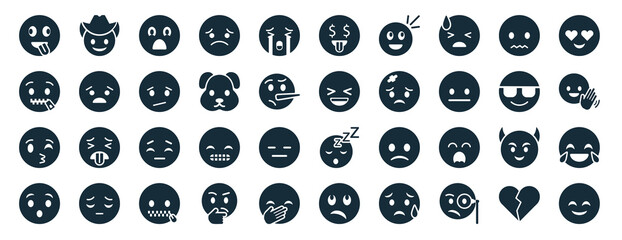 set of 40 filled emoji web icons in glyph style such as cowboy hat emoji, -mouth emoji, kissing with smiling eyes shocked cool in love rich icons isolated on white background