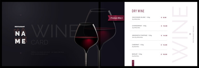 Vector wine menu template for restaurant and cafe. Menu cover design in black and white with glass of wine. Modern restaurant menu, booklet brochure design