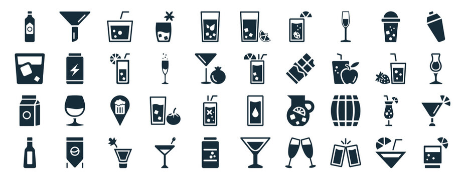 set of 40 filled drinks web icons in glyph style such as filtration, whiskey, milk, liquor, daiquiri, shaker, lemon juice icons isolated on white background